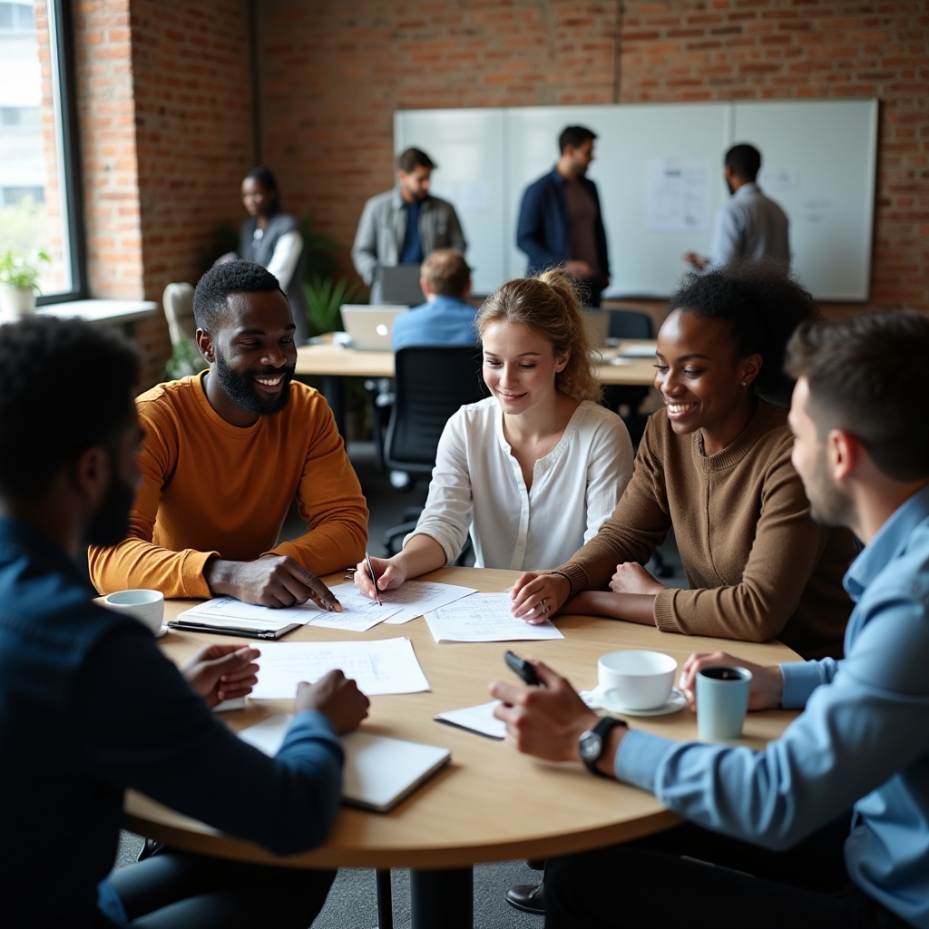 Small group discussing a spending case study in a collaborative workspace