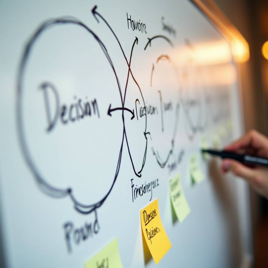 Whiteboard showing a needs-wants decision framework diagram in a workshop environment