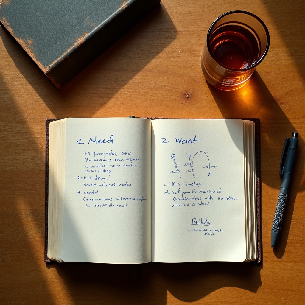 Open notebook with handwritten notes about spending decisions on a warm wooden desk