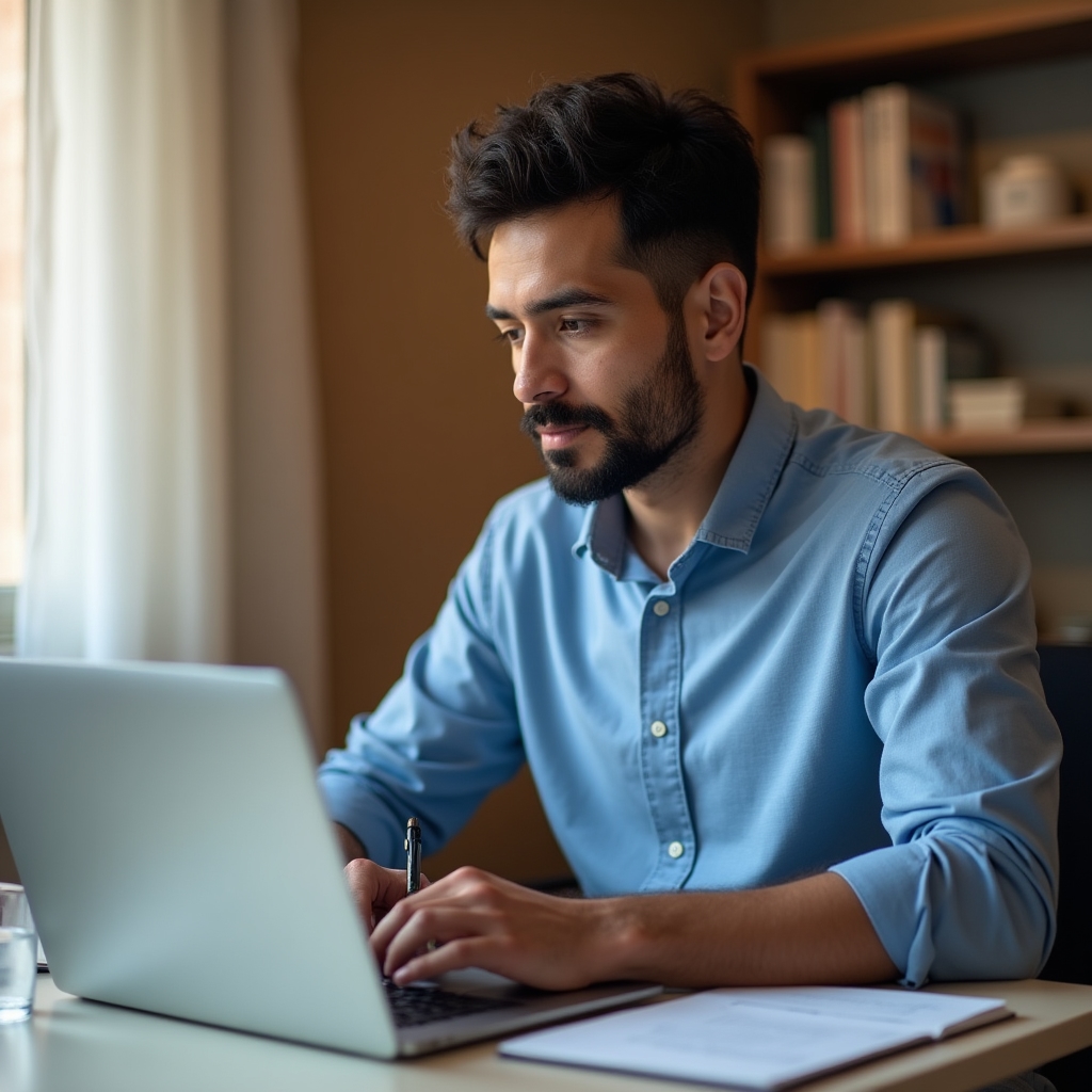 Engaged webinar participant taking notes at a desk during an online session